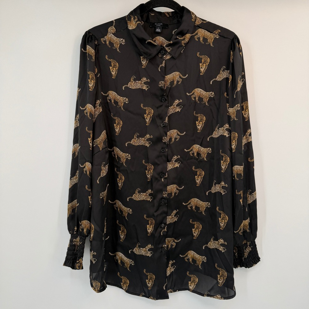 HAVER London Womens 2X Black Leopard Print Satin Button Down Blouse Statement
